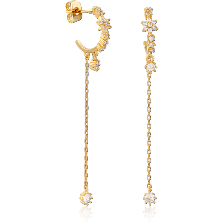 GOLD PLATED STERLING SILVER 925 STUD EARRINGS CLEAR GEM HALF HOOP WITH CHAIN DROP