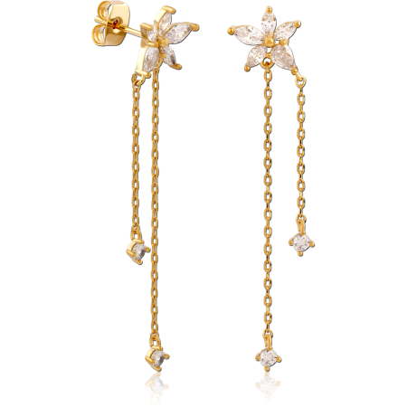 GOLD PLATED STERLING SILVER 925 STUD EARRINGS STAR FLOWER WITH DOUBLE CHAIN DROPS