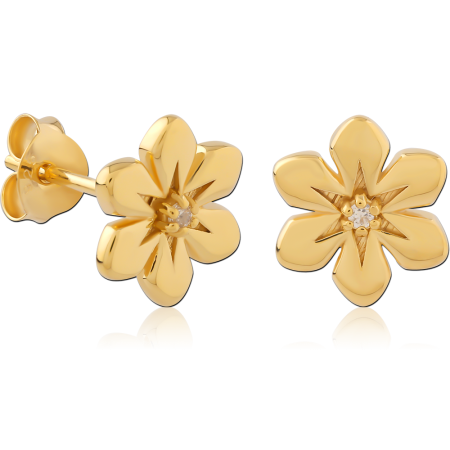 GOLD PLATED STERLING SILVER 925 STUD EARRINGS FLOWER PETAL WITH CENTER GEM