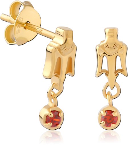 GOLD PLATED STERLING SILVER 925 STUD EARRINGS TULIP DROP WITH RED GEM