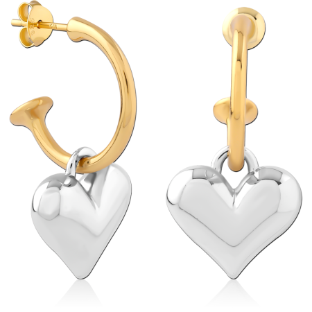 GOLD PLATED STERLING SILVER 925 STUD EARRINGS TWO TONE HOOP WITH HEART CHARM
