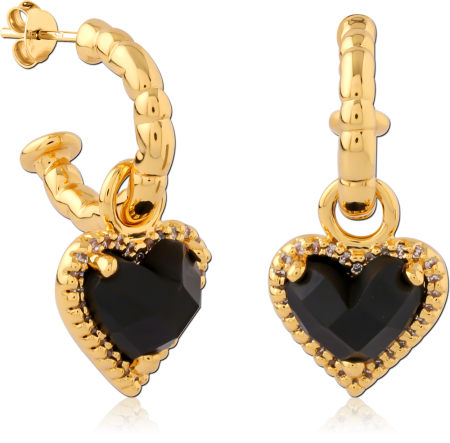 GOLD PLATED STERLING SILVER 925 STUD EARRINGS BEADED HOOPS WITH BLACK HEART GEM