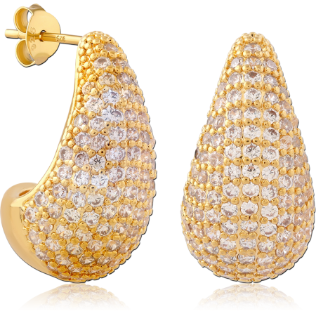 GOLD PLATED STERLING SILVER 925 STUD EARRINGS PAVE TEARDROP HUGGIE STYLE