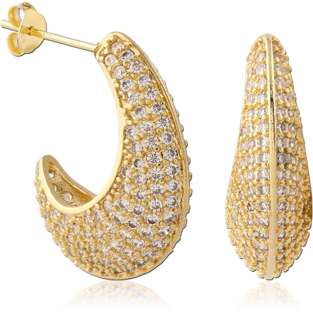 GOLD PLATED STERLING SILVER 925 STUD EARRINGS PAVE CRESCENT HOOP DESIGN