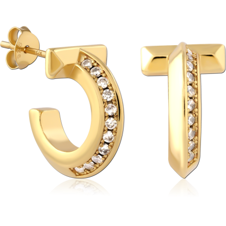 GOLD PLATED STERLING SILVER 925 HOOP STUD EARRINGS JEWELED GEOMETRIC BAR