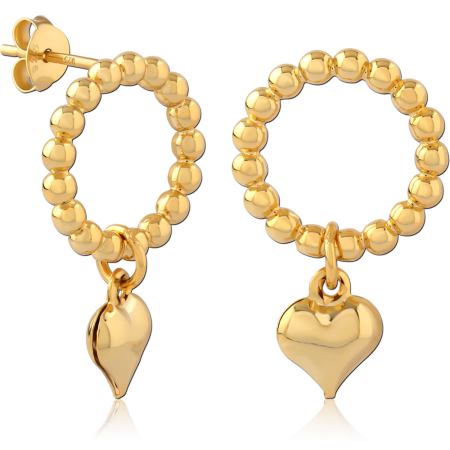 GOLD PLATED STERLING SILVER 925 STUD EARRINGS BEADED CIRCLE WITH HEART CHARM