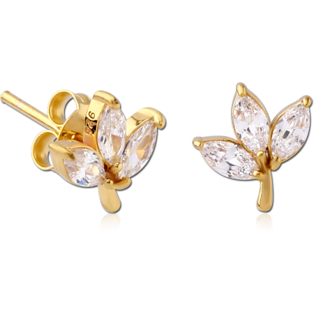 GOLD PLATED STERLING SILVER 925 STUD EARRINGS TRIPLE MARQUISE LEAF GEMS