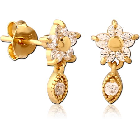 GOLD PLATED STERLING SILVER 925 STUD EARRINGS FLOWER GEMS WITH TEARDROP CHARM