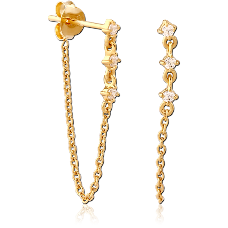 GOLD PLATED STERLING SILVER 925 CHAIN STUD EARRINGS THREE GEM DANGLE