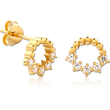 GOLD PLATED STERLING SILVER 925 STUD EARRINGS BEADED CIRCLE WITH TRIPLE GEM CLUSTER