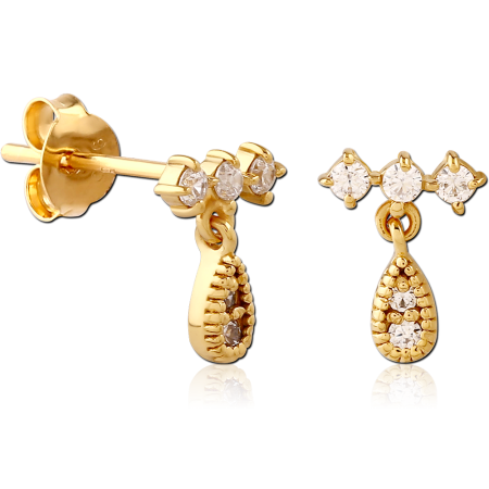 GOLD PLATED STERLING SILVER 925 STUD EARRINGS THREE GEM BAR WITH TEARDROP CHARM