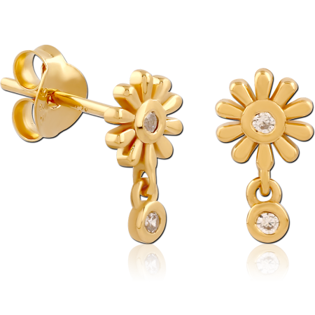GOLD PLATED STERLING SILVER 925 STUD EARRINGS DAISY FLOWER WITH GEM DROP