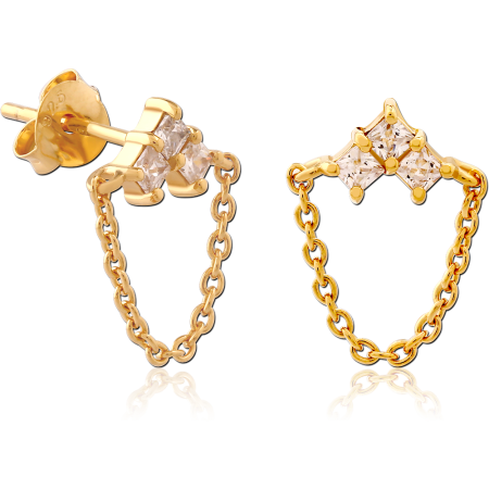 GOLD PLATED STERLING SILVER 925 CHAIN STUD EARRINGS TRIPLE GEM WITH DRAPED CHAIN