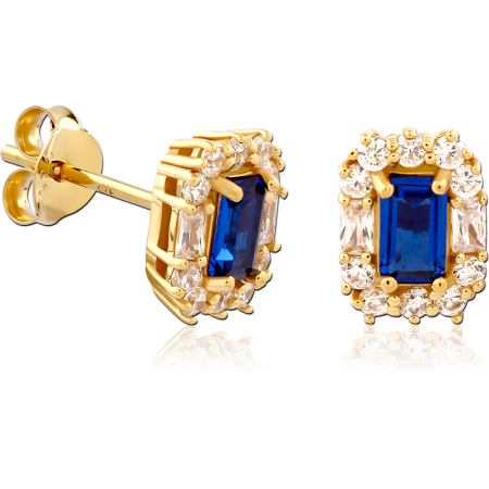 GOLD PLATED STERLING SILVER 925 STUD EARRINGS RECTANGULAR BLUE GEM HALO