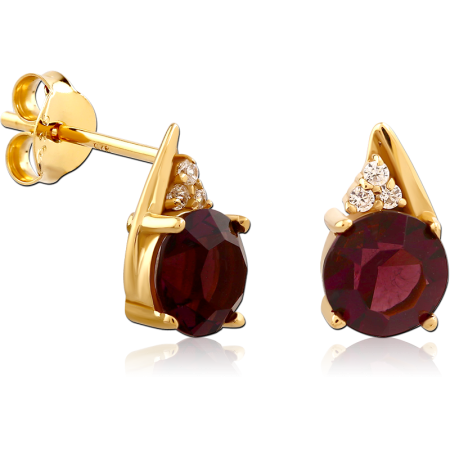 GOLD PLATED STERLING SILVER 925 STUD EARRINGS RED ROUND GEM AND CLEAR ACCENTS