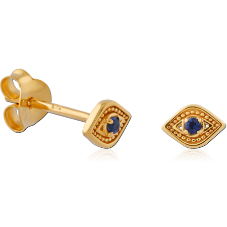 GOLD PLATED STERLING SILVER 925 STUD EARRINGS EYE BLUE GEM BEADED DETAIL