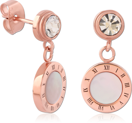 ROSE GOLD PVD COATED SURGICAL STEEL STUD EARRINGS CRYSTAL ROMAN NUMERAL DANGLE