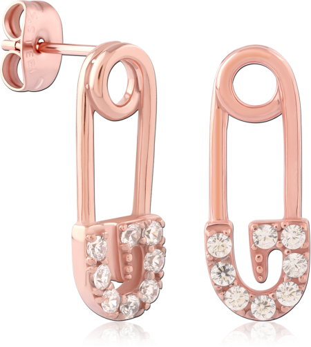 ROSE GOLD PVD COATED SURGICAL STEEL STUD EARRINGS CRYSTAL SAFETY PIN DESIGN