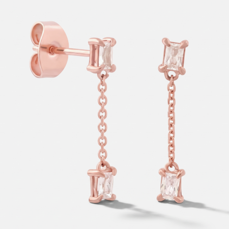 316L ROSE GOLD PVD SURGICAL STEEL STUD EARRINGS LONG CHAIN DANGLE WITH BAGUETTE GEMS