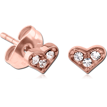 ROSE GOLD PVD COATED SURGICAL STEEL JEWELED EAR STUDS PAIR - HEART