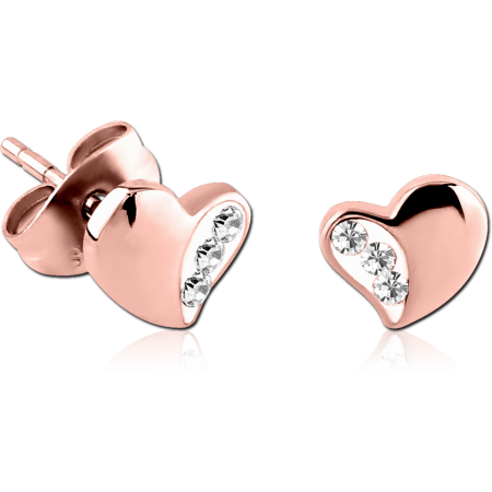 ROSE GOLD PVD COATED SURGICAL STEEL CRYSTALINE JEWELED EAR STUDS PAIR - HEART