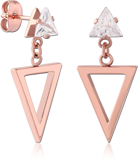 ROSE GOLD PVD COATED SURGICAL STEEL EAR STUDS JEWELED TRIANGLE DANGLE