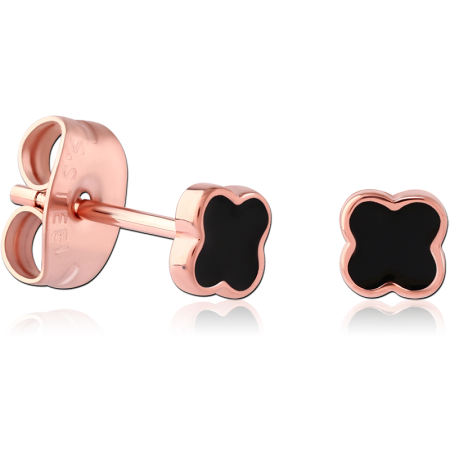 ROSE GOLD PVD COATED SURGICAL STEEL EAR STUDS BLACK INLAY CLOVER