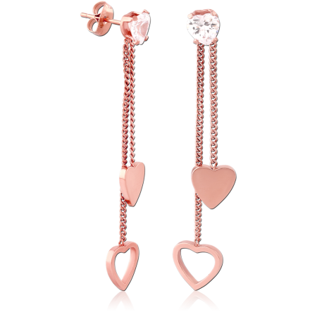 ROSE GOLD PVD COATED SURGICAL STEEL EAR STUDS JEWELED DOUBLE CHAIN HEARTS DANGLE