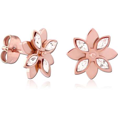 ROSE GOLD PVD COATED SURGICAL STEEL EAR STUDS JEWELED SIX PETAL FLOWER
