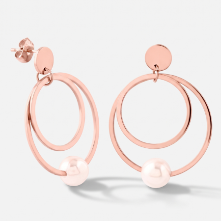 ROSE GOLD PVD COATED SURGICAL STEEL EARRINGS DOUBLE HOOP WITH PEARL DANGLE