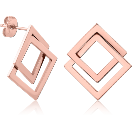 ROSE GOLD PVD COATED SURGICAL STEEL EAR STUDS OVERLAPPING SQUARE FRAMES
