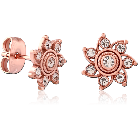 ROSE GOLD PVD COATED SURGICAL STEEL EAR STUDS JEWELED SUNBURST FLOWER