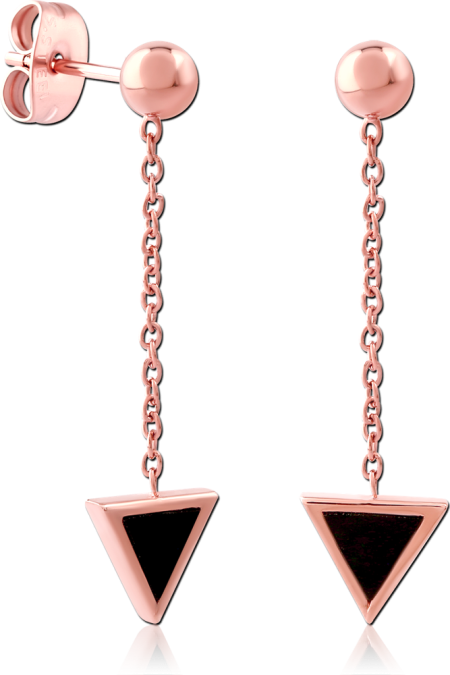 316L ROSE GOLD PVD COATED SURGICAL STEEL STUD EARRINGS BLACK TRIANGLE CHAIN DANGLE PAIR