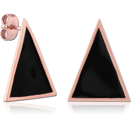 316L ROSE GOLD PVD COATED SURGICAL STEEL STUD EARRINGS TRIANGLE BLACK INLAY PAIR