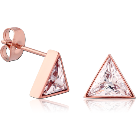 316L ROSE GOLD PVD COATED SURGICAL STEEL STUD EARRINGS TRIANGLE BEZEL CLEAR GEM PAIR