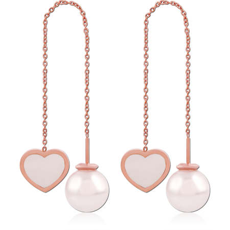 ROSE GOLD PVD COATED SURGICAL STEEL THREADER EARRINGS HEART CHARM AND PEARL
