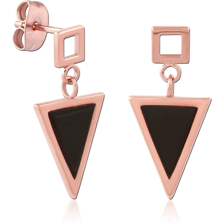 316L ROSE GOLD PVD COATED SURGICAL STEEL STUD EARRINGS TRIANGLE DANGLE BLACK INLAY PAIR