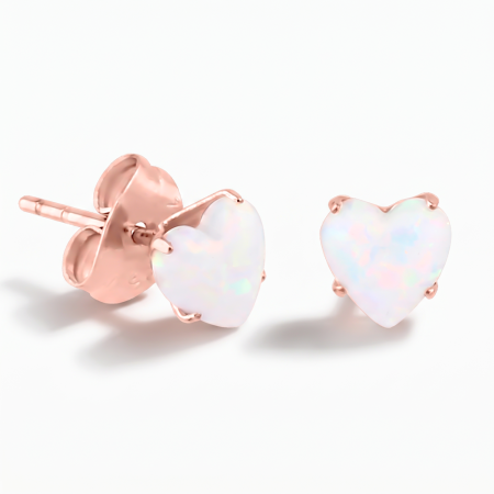 ROSE GOLD PVD COATED SURGICAL STEEL HEART SYNTHETIC OPAL PRONG SET JEWELED EAR STUDS PAIR