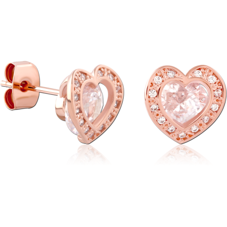 ROSE GOLD PLATED STERLING SILVER 925 STUD EARRINGS HEART HALO CLEAR GEM