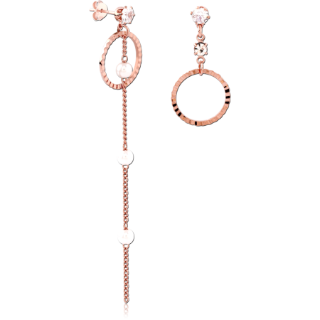 ROSE GOLD PLATED STERLING SILVER 925 STUD EARRINGS ASYMMETRICAL HOOP CHAIN WITH WHITE BEADS