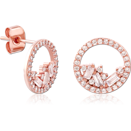 ROSE GOLD PLATED STERLING SILVER 925 STUD EARRINGS OPEN CIRCLE BAGUETTE CLEAR GEMS
