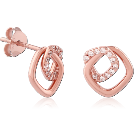 ROSE GOLD PLATED STERLING SILVER 925 STUD EARRINGS INTERLOCKING SQUARE CLEAR GEMS