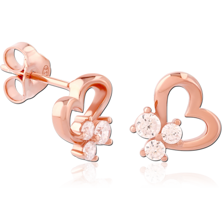 ROSE GOLD PLATED STERLING SILVER 925 STUD EARRINGS OPEN HEART THREE CLEAR GEMS
