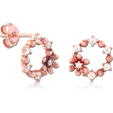 ROSE GOLD PLATED STERLING SILVER 925 STUD EARRINGS FLORAL GEM WREATH CIRCLE