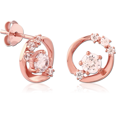 ROSE GOLD PLATED STERLING SILVER 925 STUD EARRINGS OPEN SWIRL CIRCLE CENTER GEM