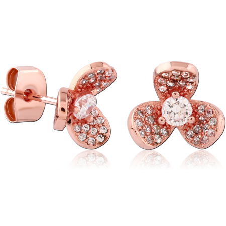 ROSE GOLD PLATED STERLING SILVER 925 STUD EARRINGS THREE PETAL FLOWER PAVE GEMS