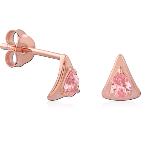 ROSE GOLD PLATED STERLING SILVER 925 STUD EARRINGS TRIANGLE FRAME PINK PEAR GEM