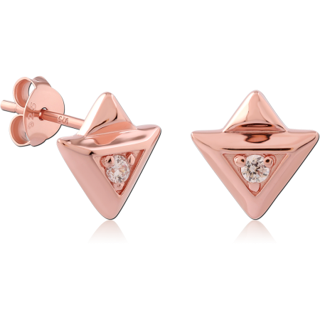 ROSE GOLD PLATED STERLING SILVER 925 STUD EARRINGS PYRAMID TRIANGLE INSET GEM