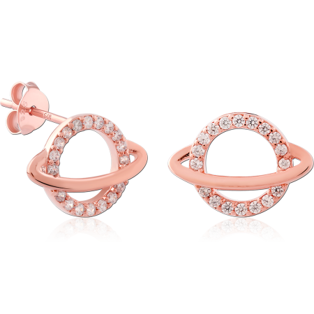 ROSE GOLD PLATED STERLING SILVER 925 STUD EARRINGS PLANET RING PAVE CIRCLE