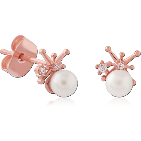 ROSE GOLD PLATED STERLING SILVER 925 STUD EARRINGS SINGLE PEARL WITH TWIN GEMS